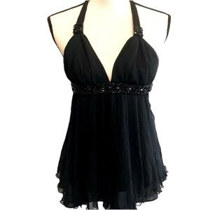 Express Camisole Black Silk Sequin Trim Halter Coquette Baby Doll size Small
